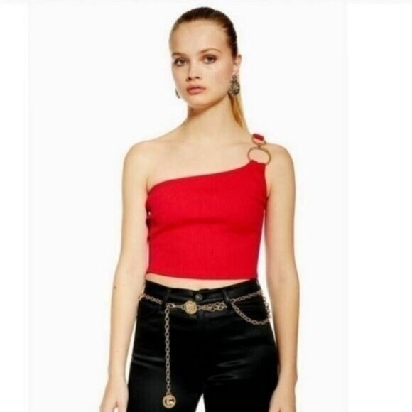 TOPSHOP | One Shoulder Crop Top Textured Ribbed Bright Red Sz 6 - Picture 1 of 6